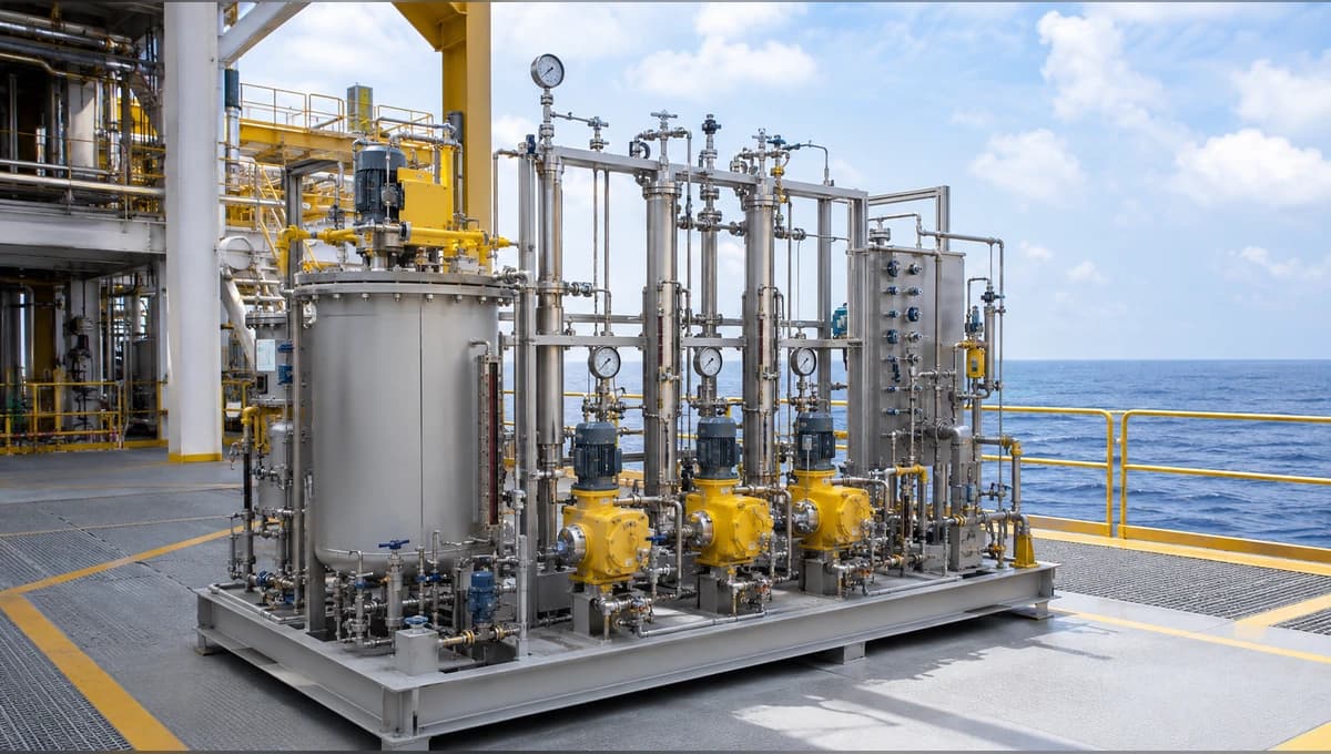 Chemical injection skid with dosing pumps, tanks and instrumentation