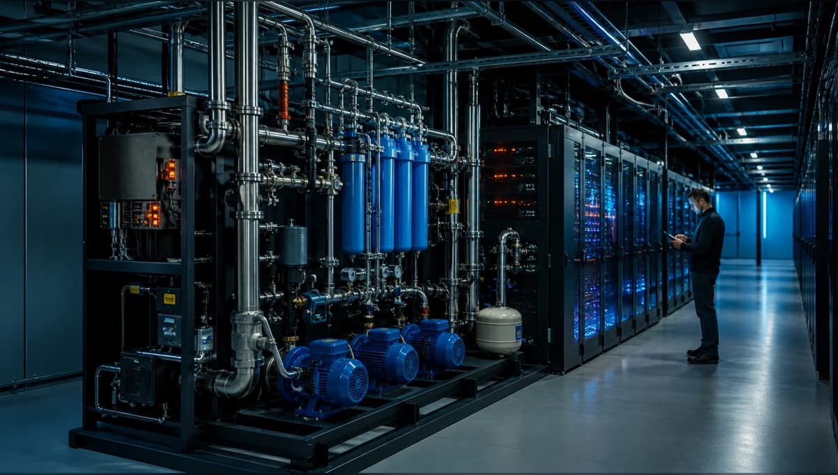 Data center cooling plant with server infrastructure and fluid-control equipment