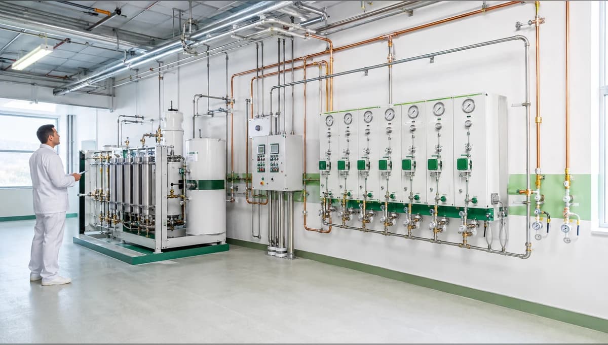 Pharmaceutical production suite with sanitary process equipment and medical-gas systems