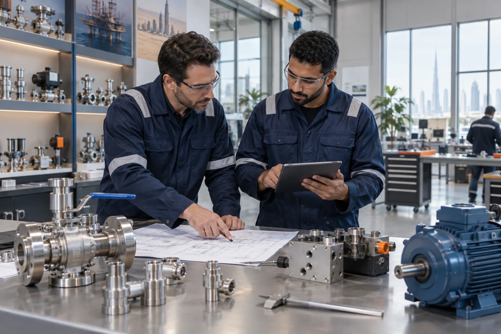 Industrial engineers reviewing technical requirements with instrumentation components and an electric motor