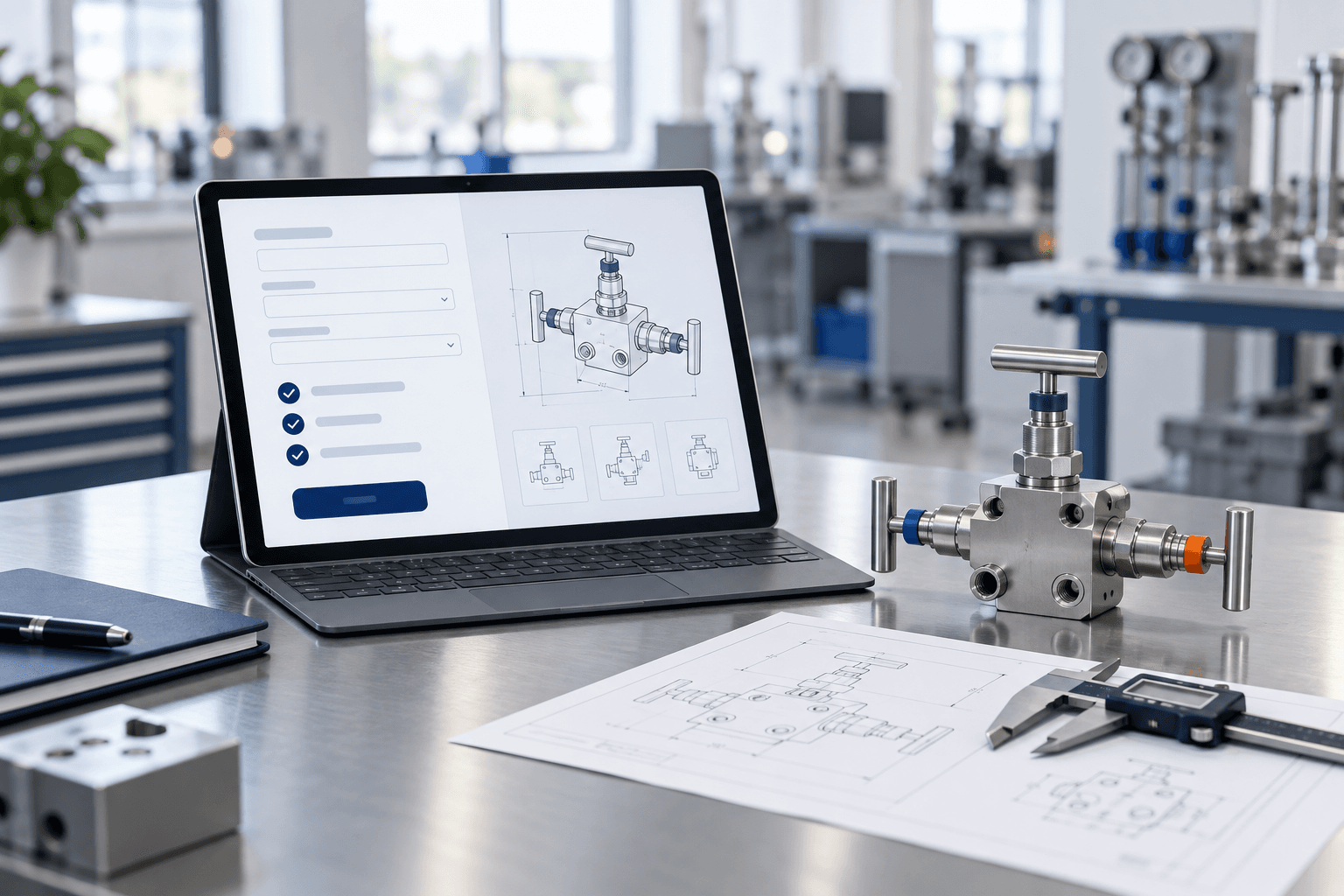 Technical RFQ workflow with an engineering specification interface, instrument valve and technical drawing