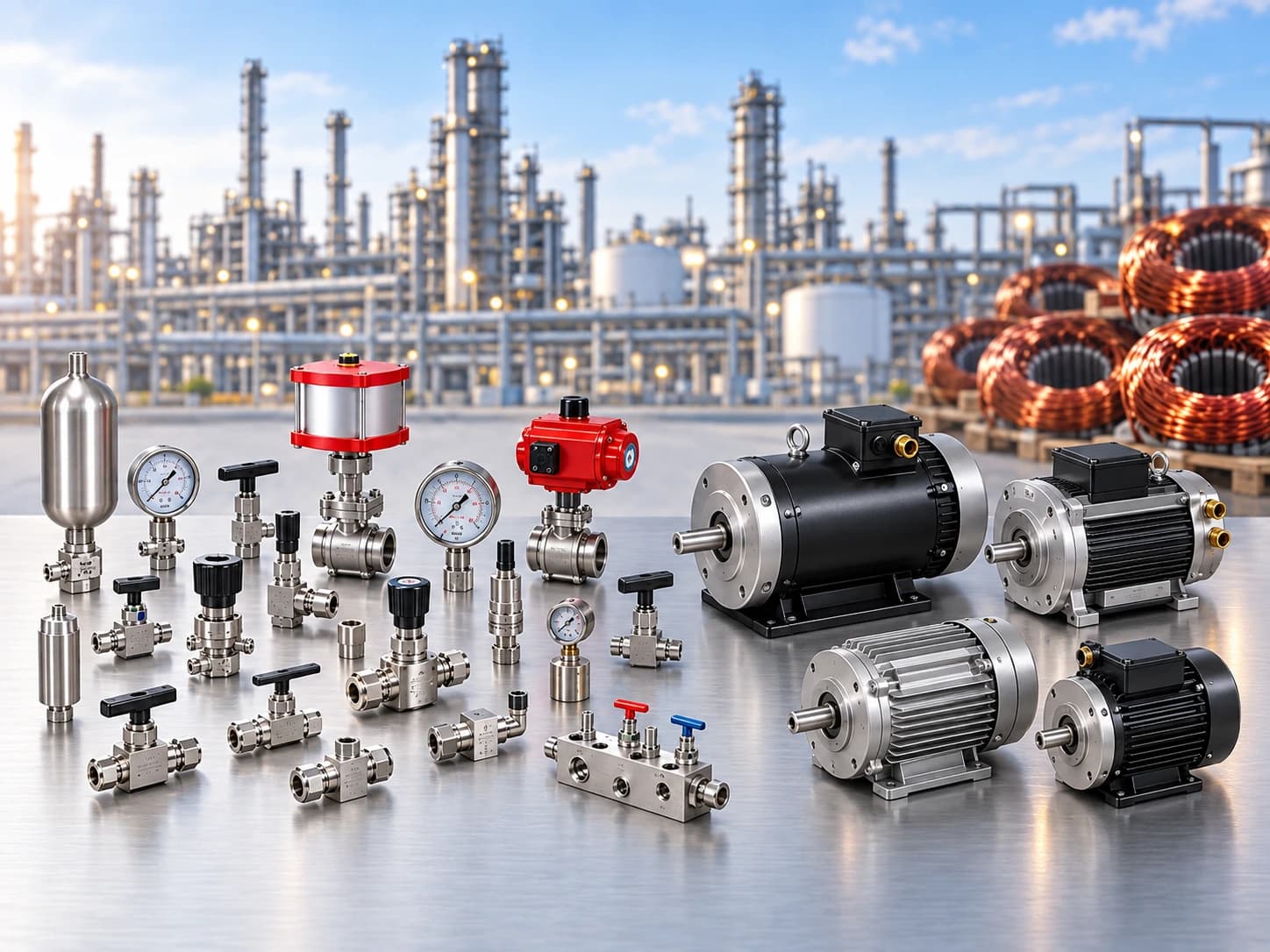 Instrumentation fittings, valves, gauges and electric motors with refinery towers and copper motor windings