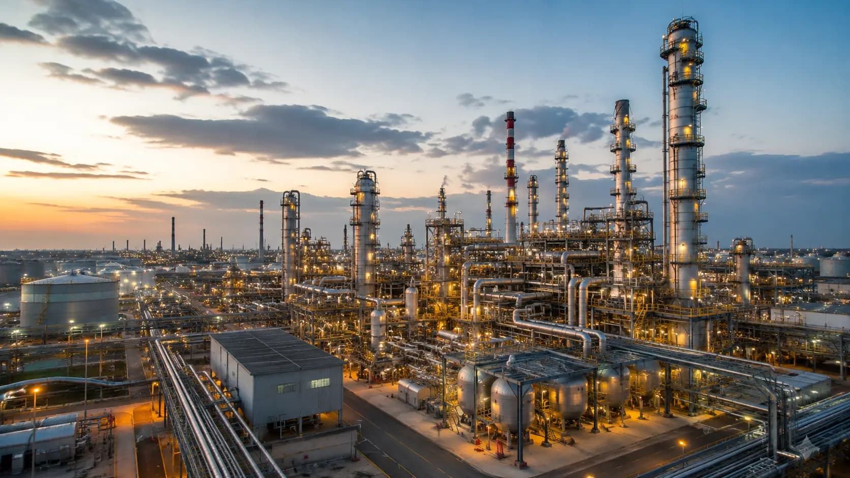 Petrochemical refinery at dusk