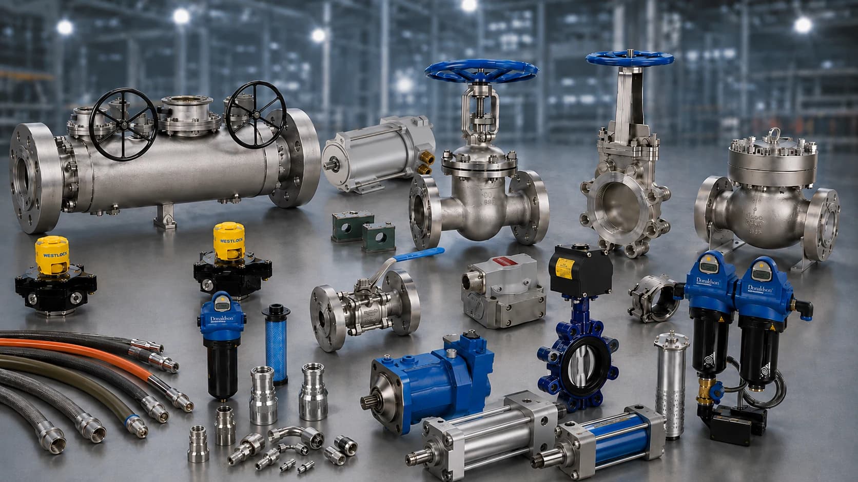 Hydraulic power, filtration and pneumatic automation equipment in an industrial facility