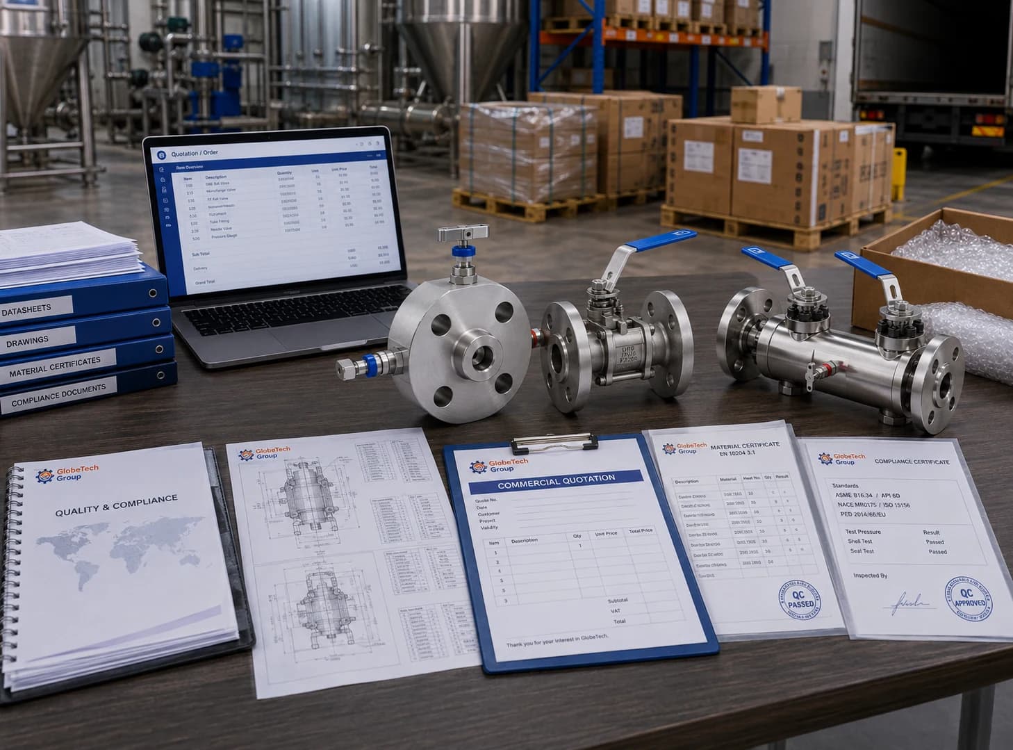 Industrial products prepared with quotation, drawings, material certificates and compliance documents for delivery